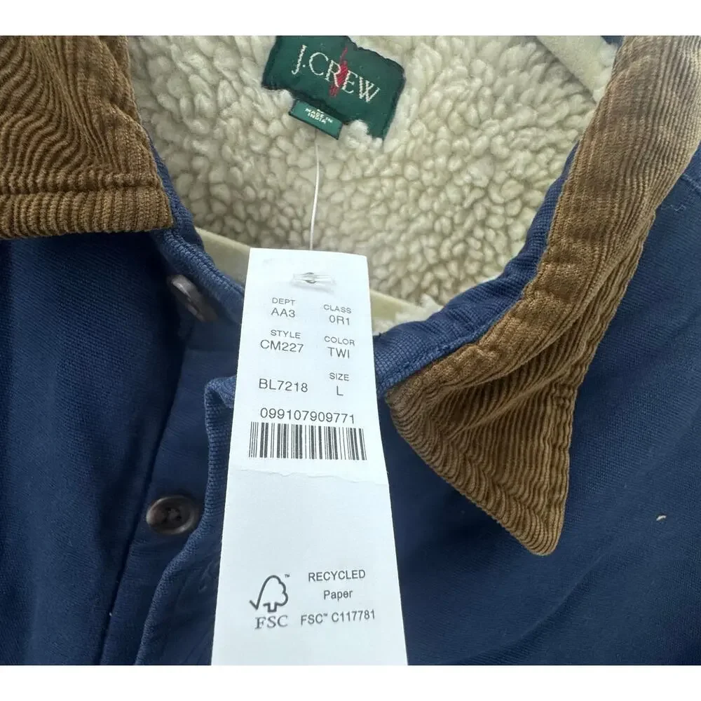 J. Crew Men's Sherpa-Lined Duck Canvas Shirt-Jacket Twilight Blue Size L NWT